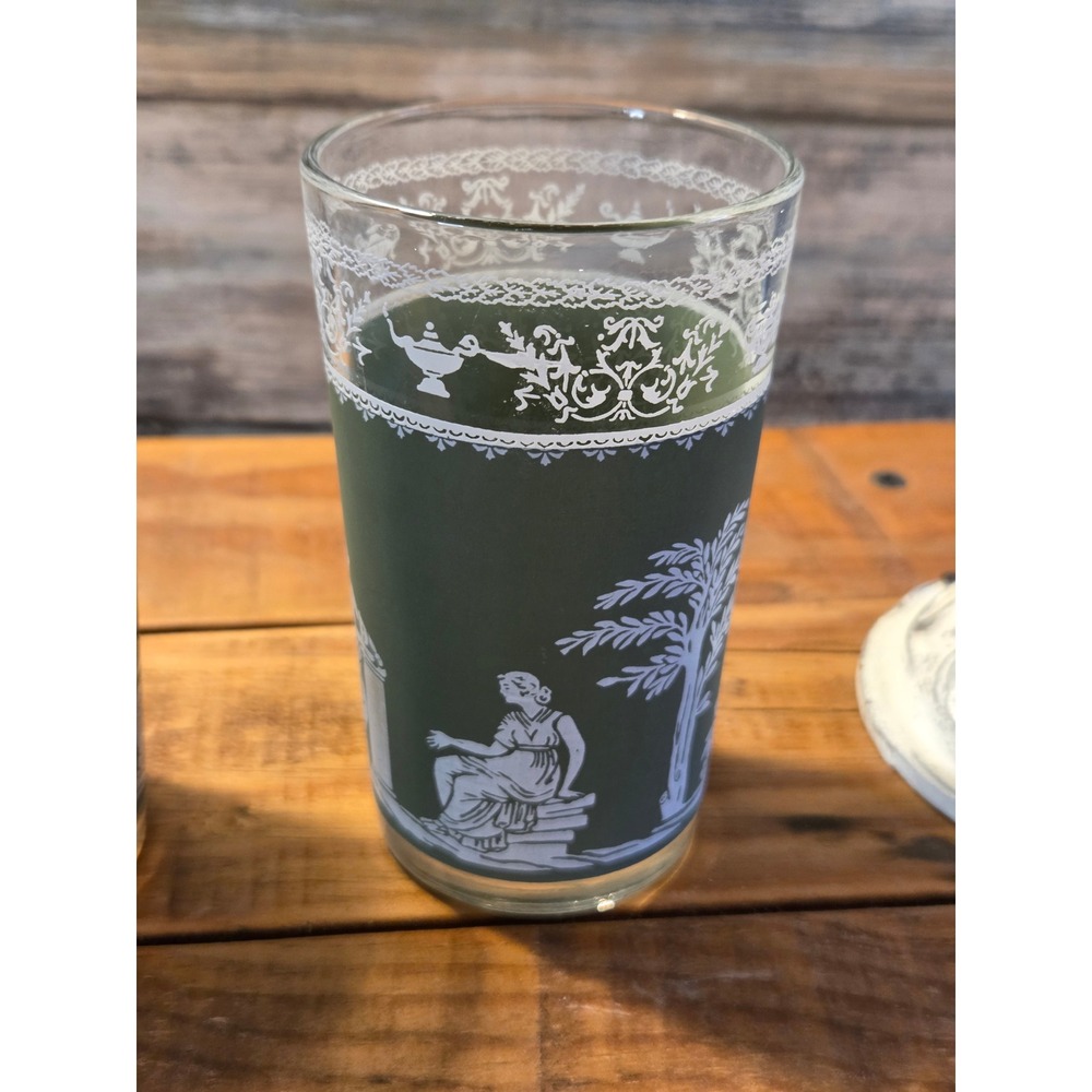 Vintage MCM Wedgewood Greek Hellenic Apollo Green Frosted Tumblers Glassware - Picture 8 of 11